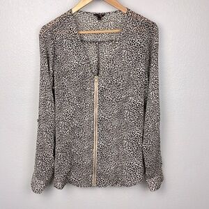 G by Guess Leopard Print Blouse Zip Front Sheer Long Roll Sleeves V-Neck Top  L